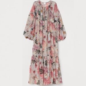 H&M LONG CHIFFON DRESS, Powder pink/Floral, XL